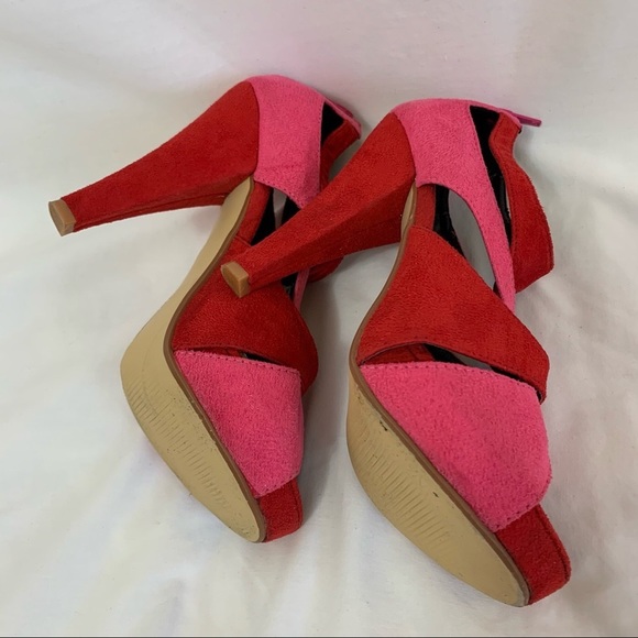Liliana Red suede red pink straps hidden platform heel sandals duo tone peep toe - Picture 5 of 16